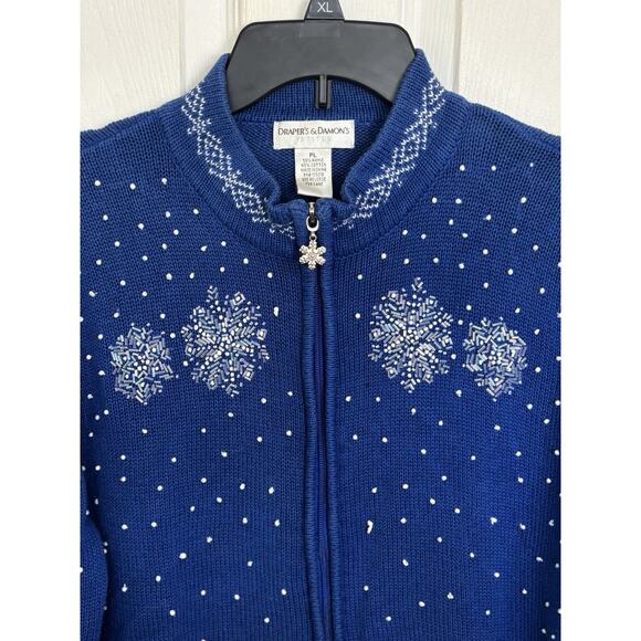 VTG Draper’s & Damon’s Blue Beaded Snowflake Full Zip Cardigan Size LP Winter - Picture 3 of 8